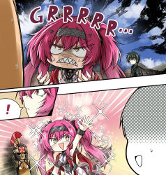 ! 1girl 2boys armor black_hair black_jacket bracelet commentary_request grey_eyes grey_hairband hairband highres jacket jazz9207 jewelry korean_commentary long_hair lupa_(wuthering_waves) male_rover_(wuthering_waves) multiple_boys open_mouth pink_hair rover_(wuthering_waves) sparkling_eyes spoken_exclamation_mark tail tail_wagging twintails wolf_girl wolf_tail wuthering_waves yellow_eyes