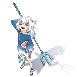 1girl :d bare_legs blue_eyes blue_jacket blue_socks commentary different_shadow fins fish_tail full_body gawr_gura gawr_gura_(1st_costume) highres hololive hololive_english jacket kghazir long_hair long_sleeves looking_at_viewer open_mouth polearm shadow shark_tail sharp_teeth shoes simple_background smile socks solo standing symbol-only_commentary tail teeth trident two_side_up virtual_youtuber weapon white_background white_hair white_shoes wide_sleeves