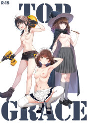 3girls ahoge apron arm_behind_head arm_up armpits black_footwear black_gloves black_shorts black_skirt blush breasts brown_eyes brown_footwear brown_hair cape collarbone comiket_105 drill frilled_apron frills gloves grey_skirt grey_socks hand_drill hard_hat hat helmet high_heels highres holding holding_power_drill holding_tool holding_wand kanden_sky kneehighs long_hair looking_at_viewer low_twintails maid maid_apron maid_headdress multiple_girls navel nipples open_mouth original pleated_skirt power_drill power_tool short_hair short_shorts shorts skirt socks squatting standing stencil_lettering thighhighs tool_belt topless_female twintails waist_apron wand wavy_hair white_apron white_thighhighs witch_hat