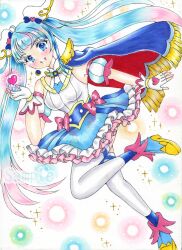 Rule 34 | 1girl, blue cape, blue eyes, blue hair, boots, cape, cure sky, detached sleeves, gloves, gradient hair, hair ornament, halterneck, heart, high heel boots, high heels, highres, hirogaru sky! precure, long hair, looking at viewer, magical girl, marker (medium), multicolored hair, open mouth, pink hair, precure, puffy detached sleeves, puffy sleeves, solo, sora harewataru, tanpopo no hana, thighhighs, traditional media, two-tone hair, white gloves, white thighhighs, wing hair ornament