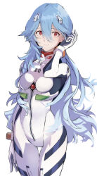 1girl ayanami_rei blue_hair bodysuit breasts closed_mouth commentary_request evangelion:_3.0+1.0_thrice_upon_a_time hair_between_eyes highres interface_headset_(evangelion) long_hair looking_at_viewer mecha_pilot_suit medium_breasts neon_genesis_evangelion official_alternate_hair_length official_alternate_hairstyle plugsuit_(evangelion) rebuild_of_evangelion red_eyes simple_background smile solo white_background white_bodysuit yagisawa_teru