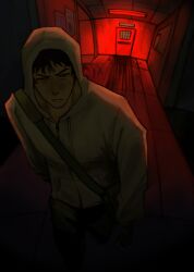 Rule 34 | 1boy, absurdres, atmospheric perspective, bag, bags under eyes, black hair, blood trail, bloodshot eyes, ceiling light, clenched hand, cry of fear, emergency exit, exit sign, full body, grey hoodie, hallway, highres, hood, hood up, hoodie, ji01 jiji, looking at viewer, male focus, narrowed eyes, poster (object), red light, serious, shoulder bag, simon henriksson, solo, walking, walking towards viewer