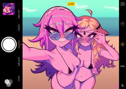 3girls :3 absurdres beach bernadetta_von_varley bikini blonde_hair breasts cellphone fire_emblem fire_emblem:_three_houses fire_emblem_fates frankgallaxx glasses grey_eyes grin highres livestream looking_at_viewer medium_breasts multiple_girls nintendo ophelia_(fire_emblem) outdoors partially_visible_nipples phone pink_eyes pink_hair purple_hair smartphone smile soleil_(fire_emblem) sunglasses swimsuit viewfinder yuri