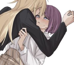2girls black_shirt blonde_hair blue_eyes blush brown_skirt commentary long_hair long_sleeves multiple_girls new_game! parted_lips purple_hair shirt short_hair simple_background skirt sweat syonosuke9573 tooyama_rin white_background yagami_kou yuri