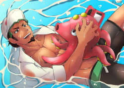 Rule 34 | 10s, 1boy, abs, artist name, bad id, bad pixiv id, bare pectorals, baseball cap, beard, black jammers, black male swimwear, brown eyes, brown hair, dark-skinned male, dark nipples, dark skin, facial hair, gen 2 pokemon, glasses, hat, jammers, juppomon, professor kukui, low ponytail, male focus, male swimwear, muscular, nintendo, nipples, octillery, open mouth, pectorals, pokedex, pokemon, pokemon (creature), pokemon sm, ponytail, sideburns, smile, solo, sunglasses, swimsuit, teeth, topless male, undressing, unworn eyewear, water, wet