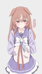 1girl animal_ears breasts brown_hair collarbone hair_between_eyes hair_ornament hat highres horse_ears horse_girl looking_at_viewer red_eyes ribbon school_uniform simple_background small_breasts smile still_in_love_(umamusume) tofu_thunder tracen_school_uniform umamusume unworn_hat unworn_headwear veil white_background