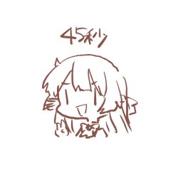1girl :d bow braid chibi cropped_torso greyscale hair_between_eyes hand_up long_hair monochrome nijisanji open_mouth rebecca_(keinelove) simple_background sketch smile solo translation_request tsukino_mito upper_body v v-shaped_eyebrows virtual_youtuber white_background |_|