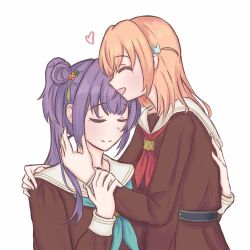 2girls aqua_neckerchief brown_dress cerise_bouquet closed_mouth commentary dress flower hair_bun hair_flower hair_ornament hand_on_another&#039;s_back hand_on_another&#039;s_shoulder hasu_no_sora_school_uniform heart highres hikari863126 hinoshita_kaho hug link!_like!_love_live! long_hair long_sleeves love_live! medium_hair multiple_girls neckerchief open_mouth orange_hair otomune_kozue purple_hair rabbit_hair_ornament red_flower red_neckerchief sailor_collar sailor_dress school_uniform side_ponytail sidelocks simple_background single_side_bun smile split_mouth standing symbol-only_commentary tassel tassel_hair_ornament two_side_up virtual_youtuber white_background white_sailor_collar winter_uniform