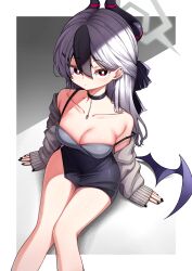 1girl absurdres black_bow black_choker black_horns black_wings blue_archive bow breasts choker cleavage closed_mouth collarbone commentary_request demon_horns demon_wings dress ear_piercing earrings grey_hair grey_halo grey_jacket hair_between_eyes hair_bow halo hapy_(parkhyunjae9494) highres horns jacket jewelry kayoko_(blue_archive) kayoko_(dress)_(blue_archive) korean_commentary long_hair looking_at_viewer medium_breasts mole mole_on_collarbone multicolored_hair nail_polish necklace off_shoulder official_alternate_costume piercing red_eyes single_wing sitting sleeves_past_wrists solo strap_slip streaked_hair wings