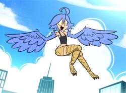 1girl :d ahoge armpits artist_name bare_shoulders bird_legs black_tank_top blue_feathers blue_sky blue_wings breasts brown_shorts building city cleavage cloud commentary crop_top english_commentary feathered_wings feathers flying full_body hair_between_eyes harpy highres knees_up lolwutburger looking_ahead midriff monster_girl monster_musume_no_iru_nichijou navel open_mouth papi_(monster_musume) short_hair short_shorts shorts signature sky skyline skyscraper small_breasts smile solo talons tank_top thighhighs toon_(style) winged_arms wings yellow_eyes zettai_ryouiki