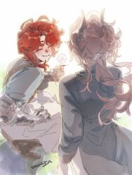 Rule 34 | 2girls, a xing, artist name, blue jacket, blue shirt, boots, brown boots, closed eyes, couter, dated, dress, facing another, facing away, flower, from behind, full body, gauntlets, grey hair, grin, hair ornament, highres, holding, holding flower, jacket, long dress, low ponytail, marsha (reverse:1999), military uniform, multiple girls, ponytail, red hair, reverse:1999, sentinel (reverse:1999), shirt, signature, smile, squatting, upper body, white background, white dress, white flower