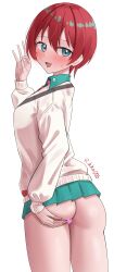 1girl absurdres amate_yuzuriha aqua_eyes aqua_hair aqua_shirt aqua_skirt artist_name ass black_necktie blush breasts cardigan censored collared_shirt commentary fellatio_gesture gundam gundam_gquuuuuux hair_between_eyes hand_on_own_ass heart heart_censor highres long_sleeves necktie open_mouth pink_eyes purple_pupils red_hair red_necktie rikka006 shirt simple_background skirt smile solo striped_necktie thighs tongue tongue_out two-tone_necktie white_background white_cardigan