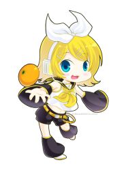 Rule 34 | 1girl, black sailor collar, black shorts, blonde hair, blue eyes, blush, bow, chibi, chibi only, commentary, crodire, detached sleeves, food, fruit, full body, hair bow, hair ornament, hairclip, headset, kagamine rin, leg warmers, looking at viewer, mandarin orange, midriff, navel, neckerchief, open mouth, sailor collar, shirt, short hair, shorts, simple background, sleeveless, sleeveless shirt, smile, solo, transparent background, vocaloid, white bow, white shirt, yellow neckerchief