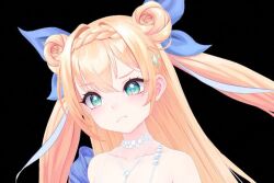 1girl bare_shoulders bead_necklace beads black_background blue_bow bow braid closed_mouth double_bun hair_between_eyes hair_bun hair_ribbon hair_rings jewelry long_hair meechu min02 min02_(1st_costume) necklace pearl_necklace ribbon solo transparent_background