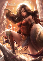 1girl armor bare_shoulders boobplate breastplate breasts brown_eyes brown_hair column dc_comics female_focus long_hair medium_breasts pillar pteruges rachta_lin shield solo sword tiara weapon wonder_woman wonder_woman_(series)