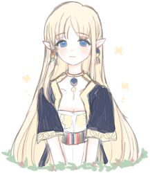 1girl blonde_hair blue_eyes elf jewelry looking_at_viewer mabinogi mbibetty pointy_ears portia_(mabinogi) short_sleeves simple_background smile