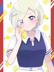 1girl belt blue_shirt blush breasts closed_mouth collarbone collared_shirt commentary_request eyes_visible_through_hair food fruit grey_eyes grey_hair hair_ornament hair_over_one_eye holding holding_food holding_fruit lemon lemon_background lemonade_(love_live!) letterboxed looking_at_viewer love_live! love_live!_nijigasaki_high_school_idol_club medium_breasts mia_taylor miyaco_(shirataki_168) official_alternate_costume outside_border polo_shirt shirt short_hair short_sleeves skirt smile solo upper_body white_background white_belt white_skirt white_sleeves x_hair_ornament