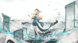 Rule 34 | 0v0, 1girl, absurdres, aqua dress, bare shoulders, blonde hair, detached sleeves, dress, highres, holding, honkai (series), honkai impact 3rd, long hair, long sleeves, solo, songque, songque (jovial deception: shadowdimmer), standing, sunglasses, very long hair