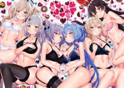 6+girls ahoge akusema alternate_breast_size amber_(genshin_impact) ass asymmetrical_docking barbara_(genshin_impact) bare_shoulders black_bra black_panties black_thighhighs blonde_hair blue_bra blue_hair blue_panties blunt_bangs blush bow bra braid breast_press breasts brown_eyes brown_hair candy chocolate chocolate_heart closed_mouth cone_hair_bun covering_breasts covering_privates crossed_bangs embarrassed flower food frilled_bra frilled_panties frills ganyu_(genshin_impact) garter_straps genshin_impact goat_horns hair_between_eyes hair_bow hair_bun hair_flower hair_ornament hair_ribbon hands_up heart heart_hands highres horns interlocked_fingers jean_(genshin_impact) keqing_(genshin_impact) large_breasts lingerie long_hair looking_at_viewer low_ponytail multiple_girls navel noelle_(genshin_impact) panties pink_eyes ponytail purple_eyes purple_hair red_flower red_ribbon red_rose ribbon rose shiny_skin short_hair siblings silver_hair sisters thighhighs thighs underwear underwear_only valentine white_bra white_headwear white_panties yellow_eyes