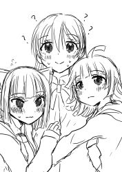 3girls ? @_@ blunt_bangs blush bow bowtie closed_mouth collared_shirt commentary expressionless flying_sweatdrops greyscale harisen_(kaika_sengen) hug ikizulive!_love_live!_bluebird in-franchise_crossover jacket kishimen_hair long_hair long_sleeves looking_at_another love_live! love_live!_nijigasaki_high_school_idol_club love_live!_school_idol_project medium_hair monochrome multiple_girls nervous_smile nervous_sweating open_clothes open_jacket sasaki_shion shirt short_hair sidelocks simple_background smile sonoda_umi split_mouth sweat sweatdrop tennoji_rina white_background