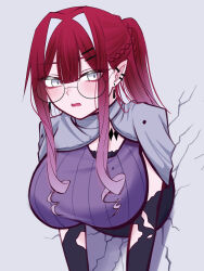 1girl absurdres baobhan_sith_(fate) baobhan_sith_(swimsuit_pretender)_(second_ascension)_(fate) blush breasts capelet detached_sleeves earrings fate/grand_order fate_(series) glasses glory_wall grey_capelet grey_eyes highres jewelry large_breasts long_hair mcpc_zamurai pink_hair pointy_ears purple_shirt round_eyewear shirt sidelocks solo through_wall