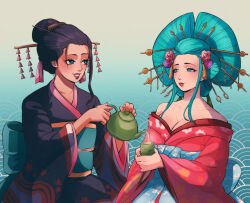 2girls aqua_eyes aqua_hair black_kimono blue_eyes blue_sash breasts cleavage commission cup dokidreaming flower hair_flower hair_ornament highres holding holding_cup japanese_clothes kanzashi kimono kouzuki_hiyori multiple_girls nico_robin nihongami obi one_piece red_lips sash serving single_sidelock sitting smile wide_sleeves