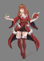 1girl absurdres alternate_costume black_skirt book boots breasts celica_(fire_emblem) christmas cleavage coat dress fire_emblem fire_emblem_echoes:_shadows_of_valentia highres holding holding_book holding_snow_globe kagurachi large_breasts long_hair long_sleeves medium_breasts nintendo orange_eyes orange_hair princess red_coat red_dress red_eyes red_hair santa_costume skirt snow_globe solo thick_thighs thigh_boots thighs tiara winter