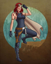 1girl adjusting_eyewear black_bodysuit black_boots black_gloves bodysuit boots breasts energy_sword full_body gloves green_eyes gun highres holster lightsaber long_hair looking_at_viewer mara_jade medium_breasts rathskeller7 red_hair sleeveless sleeveless_bodysuit solo star_wars sword weapon