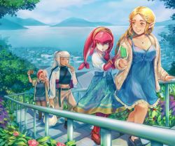 4girls alternate_universe bag blonde_hair casual cellphone city contemporary dress eating fins fish_girl food forehead_tattoo grey_hair head_fins highres hyrule_warriors:_age_of_calamity impa jacket jinaxxo lake mipha multicolored_hair multiple_girls nintendo phone pointy_ears popsicle princess_zelda purah railing selfie sheikah shopping_bag smartphone smile stairs streaked_hair sunglasses the_legend_of_zelda the_legend_of_zelda:_breath_of_the_wild zora