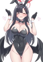1girl animal_ears black_gloves black_hair black_wings blue_archive blush bow bowtie breasts cleavage closed_eyes detached_collar fake_animal_ears gloves hair_ornament hairclip halo heart highres ichika_(blue_archive) large_breasts leotard long_hair nanao_(naoekaki25) playboy_bunny rabbit_ears rabbit_pose red_halo solo spoken_heart strapless strapless_leotard sweat white_background white_wrist_cuffs wings wrist_cuffs