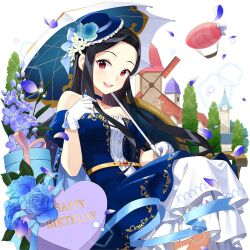 1girl :d album_cover balloon bare_shoulders belt birthday black_hair blue_dress blue_flower blue_jacket blue_ribbon blue_rose blue_skirt blush bouquet bow breasts character_name choker clarice_lapis collarbone confetti copyright_name cover dress english_text flower frills gloves hair_flower hair_ornament happy_birthday hat hat_flower hat_ribbon holding holding_umbrella jacket leaf long_hair looking_at_viewer mole mole_under_eye non-web_source open_mouth parasol parted_bangs petals pink_flower pink_rose plant purple_flower red_eyes red_flower ribbon rose salt_(salty) short_sleeves sidelocks sitting skirt small_breasts smile solo stairs standing string_of_flags uchi_no_hime-sama_ga_ichiban_kawaii umbrella very_long_hair watermark white_background white_flower white_gloves white_rose yellow_flower