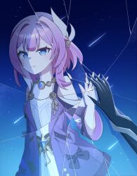 Rule 34 | 1boy, 1girl, blue eyes, breasts, broken glass, commentary request, cyrene (honkai: star rail), dress, glass, gloves, hair ornament, highres, honkai: star rail, honkai (series), jewelry, medium hair, necklace, phainon (honkai: star rail), pink hair, purple gloves, sky, small breasts, smile, star (sky), starry sky, teana fm, white dress, white hair