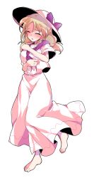 1girl :o ^_^ barefoot blonde_hair blush bow closed_eyes commentary_request dairi dress full_body hat hat_bow highres large_variant_set long_hair louise_(touhou) neckerchief open_mouth purple_bow purple_neckerchief short_sleeves solo standing touhou touhou_(pc-98) transparent_background variant_set white_dress white_hat