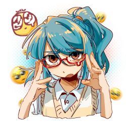 1boy bespectacled blue_hair brown_eyes collared_shirt emoji glasses hair_between_eyes highres inazuma_eleven inazuma_eleven_(series) kazemaru_ichirouta long_hair looking_at_viewer male_focus niniliuliu open_mouth pleading_face_emoji ponytail red-framed_eyewear shirt short_sleeves simple_background solo sweater_vest upper_body white_background white_shirt