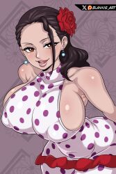 Rule 34 | 1girl, absurdres, arms at sides, artist name, black hair, blannis, breasts, brown eyes, covered collarbone, covered erect nipples, covered navel, cowboy shot, dress, earrings, eyelashes, female focus, flower, flower on head, highres, huge breasts, jewelry, leaning forward, lips, long hair, looking at viewer, one piece, open mouth, purple background, purple dress, red flower, sideboob, simple background, sleeveless, sleeveless dress, smile, solo, standing, teeth, tongue, two-tone dress, viola (one piece), white dress, wide hips