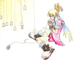 1girl bad_id bandaid bandaid_on_knee bandaid_on_leg blonde_hair blue_ribbon boots brown_gloves closed_eyes commentary_request cup dated_commentary fairy fairy_wings from_side full_body fur-trimmed_boots fur-trimmed_jacket fur_trim gloves grey_boots hair_bun hands_up jacket knee_up miniskirt neck_ribbon original pink_jacket pink_skirt ribbon sitting skirt solo string toujou_sakana traditional_media white_background wings