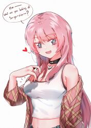 1girl absurdres bang_dream! bang_dream!_it&#039;s_mygo!!!!! black_choker blush breasts brown_jacket chihaya_anon choker cleavage commentary english_commentary english_text fang grey_eyes heart heart_choker highres implied_yuri jacket long_hair medium_breasts midriff mizzterbii open_clothes open_jacket open_mouth pink_hair simple_background solo tank_top white_background white_tank_top