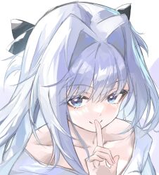 Rule 34 | 1girl, 9-nine-, black bow, blue eyes, blue hair, blush, bow, closed mouth, collarbone, commentary, convenient arm, eyelashes, eyes visible through hair, finger to mouth, hair between eyes, hair bow, hair intakes, highres, index finger raised, iriya (pixiv68685836), kousaka haruka, long hair, looking at viewer, portrait, shushing, sidelighting, smile, solo, split mouth, upturned eyes