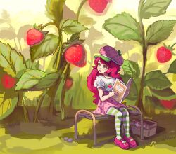 Rule 34 | 1girl, :d, basket, bench, book, commentary, cookbook, day, english text, food, food-themed hat, food print, fruit, fruit print, full body, grass, green eyes, green pantyhose, hat, high-waist skirt, highres, holding, holding book, japeell, leaf, long hair, looking at food, mary janes, newsboy cap, on bench, open mouth, outdoors, oversized food, oversized object, pantyhose, picnic basket, pink hair, pink hat, pink shoes, pink skirt, plant, polka dot, polka dot skirt, puffy short sleeves, puffy sleeves, rock, shirt, shirt tucked in, shoes, short sleeves, sitting, skirt, sky, smile, solo, strawberry, strawberry print, strawberry shortcake (2009), strawberry shortcake (character), strawberry shortcake (series), striped clothes, striped pantyhose, symbol-only commentary, teeth, turning head, twitter username, two-tone pantyhose, upper teeth only, very long hair, white pantyhose, white shirt, white sky, wooden bench