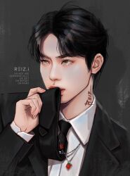 Rule 34 | 1boy, absurdres, bangtan boys, black jacket, black necktie, collared shirt, hashtag-only commentary, highres, jacket, jewelry, jin (bts), looking ahead, male focus, necklace, necktie, reiz.i, shirt, solo, upper body, white shirt