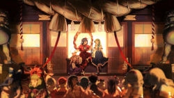 1boy 6+girls :d ^_^ absurdres aki_minoriko aki_shizuha alice_margatroid animal_ears bad_id bad_pixiv_id bell black_footwear black_hair blonde_hair blue_hair blue_skirt blurry bobby_socks bokeh breasts brown_hair character_request closed_eyes collared_shirt commentary_request congming_lan crowd depth_of_field detached_sleeves dress facing_another facing_away flip-flops frilled_sleeves frills frog_hair_ornament fujiwara_no_mokou geta gohei green_hair hair_ornament hair_ribbon hand_fan happy hat highres holding holding_fan houraisan_kaguya interlocked_fingers inubashiri_momiji jingle_bell kagiyama_hina kawashiro_nitori kirisame_marisa kochiya_sanae layered_sleeves long_hair long_skirt long_sleeves looking_at_another looking_away medium_breasts medium_hair mirror mononobe_no_futo moriya_suwako multiple_girls new_year night nontraditional_miko onbashira one_side_up open_mouth outdoors pantyhose parted_bangs puffy_short_sleeves puffy_sleeves purple_skirt purple_vest red_dress red_ribbon ribbon rope sandals shading_eyes shameimaru_aya shimenawa shinto shirt shoe_soles shoes short_over_long_sleeves short_sleeves shrine sidelocks sitting skirt skirt_set sliding_doors smile snake_hair_ornament socks soga_no_tojiko squatting standing statue straw_hat tassel touhou turtleneck two_side_up vest walking white_legwear white_shirt wide_sleeves wooden_floor yasaka_kanako yorigami_jo&#039;on yorigami_shion
