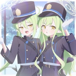 2girls black_tail blue_archive buttons commentary_request demon_tail double-breasted fang gloves green_hair green_halo halo hat highres hikari_(blue_archive) kaerunrun long_hair multiple_girls nozomi_(blue_archive) open_mouth peaked_cap pointy_ears revision siblings sisters skin_fang tail train_conductor twins twintails white_gloves