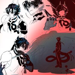 Rule 34 | 1boy, arknights, armor, chongyue (arknights), closed mouth, commentary request, cropped torso, dragon boy, dragon horns, dragon tail, earrings, eyed silhouette, full body, glowing, glowing eyes, grin, hand up, highres, horns, jewelry, korean commentary, long hair, looking at viewer, low ponytail, male focus, monster, multicolored hair, multiple views, nills, pauldrons, pointy ears, ponytail, red background, red eyes, shaded face, shoulder armor, silhouette, single pauldron, sleeveless, smile, streaked hair, tail, white background, wiping mouth
