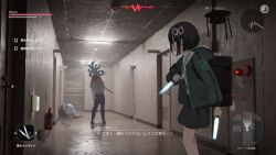 Rule 34 | 1girl, aqua eyes, backpack, bag, black hair, blood, blood on clothes, drone, fake screenshot, fire extinguisher, glowstick, hair ribbon, highres, hood, hooded coat, lanyard, lost property control organization (samidare), monster, original, penlight (glowstick), protagonist (lost property control organization), reverse grip, ribbon, samidare (hoshi), short hair, skirt, slug, stairs, t-6407j (samidare), translation request, user interface, white ribbon