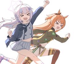 &gt;_&lt; 2girls :d ahoge animal_ears ankle_socks belt black_thighhighs blue_archive blue_hair blue_jacket blue_shirt blue_socks bow clenched_hand closed_eyes commentary commission cropped_shirt ear_ribbon green_jacket grey_skirt hair_between_eyes hair_ornament halo highres horse_ears jacket kutsusama long_hair long_sleeves low_twintails mayano_top_gun_(umamusume) midriff multicolored_hair multiple_girls navel one_side_up open_clothes open_jacket open_mouth orange_hair pink_hair pink_halo pink_shoes pink_socks pleated_skirt reisa_(blue_archive) running sailor_collar shirt shoes short_shorts shorts sidelocks simple_background skirt smile socks star_(symbol) star_hair_ornament streaked_hair striped_clothes striped_socks thighhighs twintails umamusume white_background white_sailor_collar white_shorts yellow_shirt