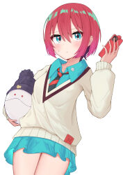 1girl absurdres amate_yuzuriha baruka=gacha beanie black_hat blue_eyes blue_shirt blue_skirt blush cellphone closed_mouth collared_shirt commentary_request gundam gundam_gquuuuuux hair_between_eyes haro hat highres holding holding_phone necktie phone pleated_skirt print_hat red_hair shirt short_hair simple_background skirt smartphone solo standing striped_necktie sweat sweater white_background white_sweater