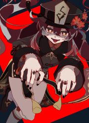 1girl absurdres black_nails bracelet brown_eyes brown_hair chinese_clothes dutch_angle fangs fingernails flower flower-shaped_pupils genshin_impact hat highres hu_tao_(genshin_impact) jewelry light_smile looking_at_viewer nail_polish open_mouth porkpie_hat red_background red_flower ring sharp_teeth shoes sidelocks solo symbol-shaped_pupils syoku_0 teeth thighs tongue tongue_out twintails upper_teeth_only wide_sleeves