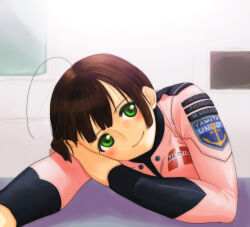 Rule 34 | 1girl, ahoge, blush, bodysuit, brown hair, character name, green eyes, hand on own face, hands in own hair, harada makoto, insignia, leaning, leaning on self, leaning to the side, long sleeves, looking at viewer, no nose, nurse, ookami makoto, pink bodysuit, short hair, shoulder boards, smile, solo, spacesuit, uchuu senkan yamato, uchuu senkan yamato 2199