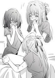 2girls bare_legs blush bottomless braid closed_eyes commentary_request covering_own_mouth french_braid greyscale hair_ribbon highres imminent_cunnilingus long_hair looking_at_another lwmina70119 medium_hair miyagi_shiori monochrome multiple_girls on_bed open_mouth ribbon sendai_hazuki shirt short_sleeves shuuniichido_classmate_wo_kau_hanashi sitting yuri