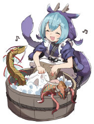 1girl absurdres apron blue_hair dragon_girl dragon_tail dragonmaid_(yu-gi-oh!) dress duel_monster closed_eyes frilled_apron frills gazacy_(dai) half_note highres laundry_dragonmaid musical_note open_mouth paleozoic_canadia paleozoic_pikaia purple_hair simple_background sleeves_rolled_up smile soap_bubbles tail washboard washing washtub white_background yu-gi-oh!